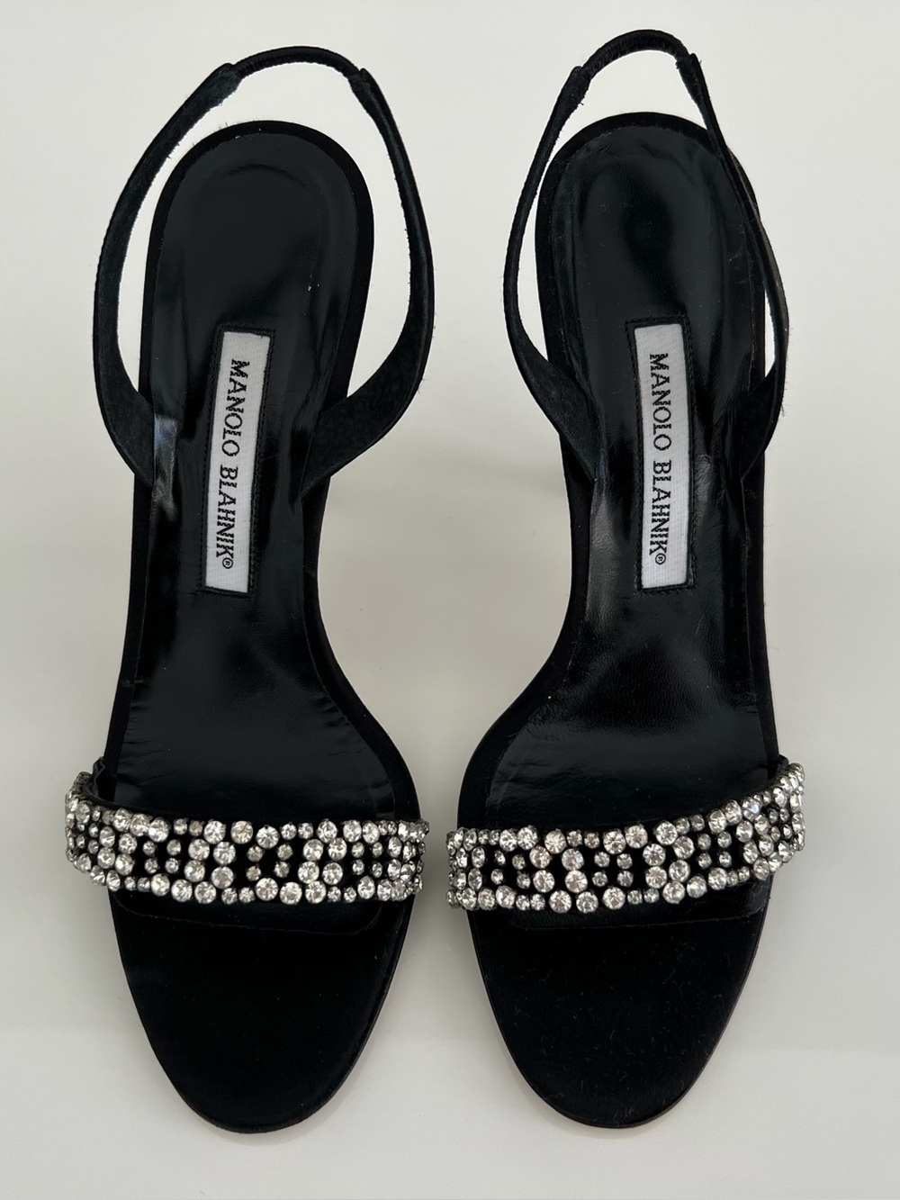 MANOLO BLAHNIK BLACK SATIN EMBELLISHED EVENING SANDALS SIZE IT 37.5 / US 7.5